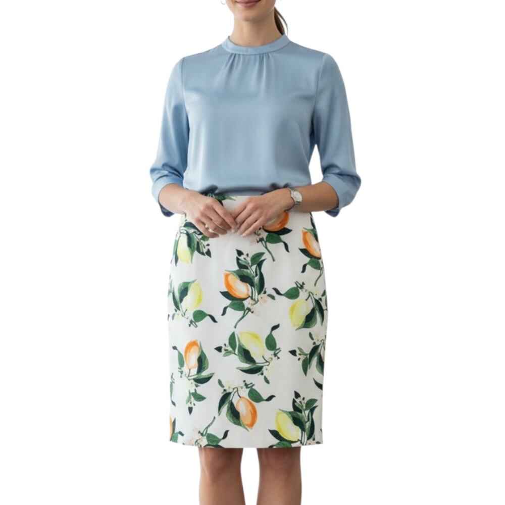 NWT Ann Taylor Factory Pencil Skirt 8P Lemon Print White Stretch Lined Petite